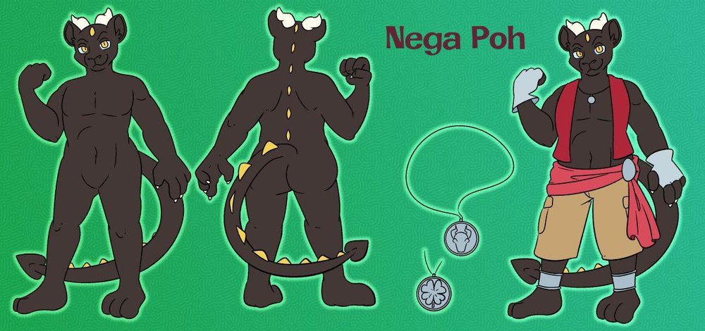 Nega-Poh ref sheet -  Black-cat Dragon, much more of an athletic type.