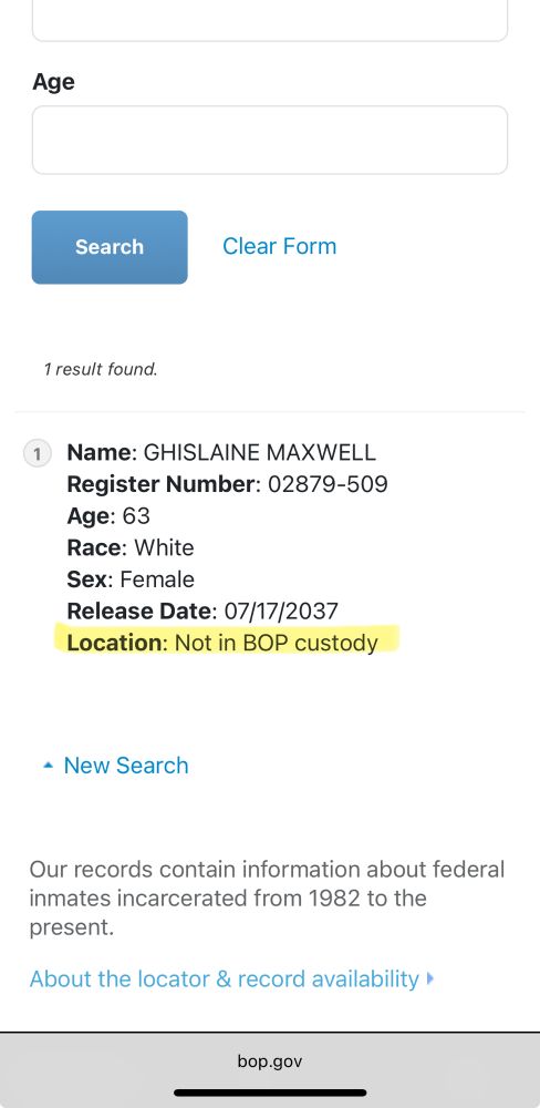 Screenshot of BOP website inmate search showing location saying “Not in BOP custody.”