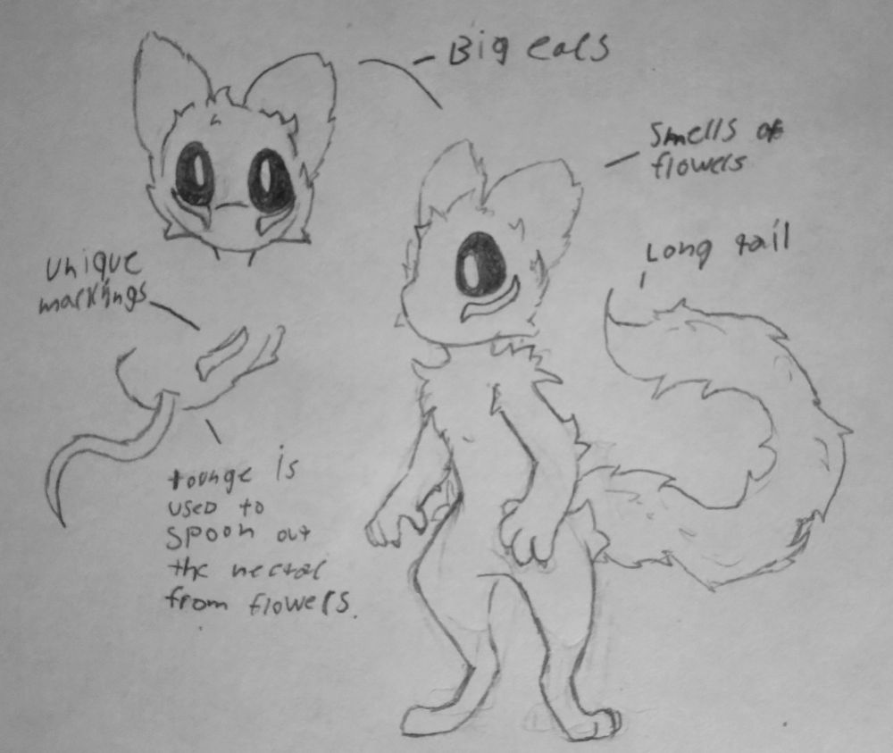 This scavcat is part of the "great-tounged scavcat" subspecies.


Their fur has specifically been made to hold the pollen of the flowers they feed from, and their tounge is used to spoon out the nectar from the flowers.


A species of flowers has evolved based on their species; Ithicus (Cattus flos veru), is a relative to the sunflower that feeds on the left-over saliva left behind from the scavcat, and while the scavcat is feeding, they are covered in the pollen.


they emit a strong smell of flowers, though nowhere near as pungent as perfume.


When they're not pollinating flowers, they're usually catching fish or searching for social interaction from people, as this scavcat isn't shy at all, and is commonly spotted play-fighting with zailadon.


Height: 5'4

Weight: 102.1 lbs (46.3 Kgs)

Scientific name: Apis Cattus