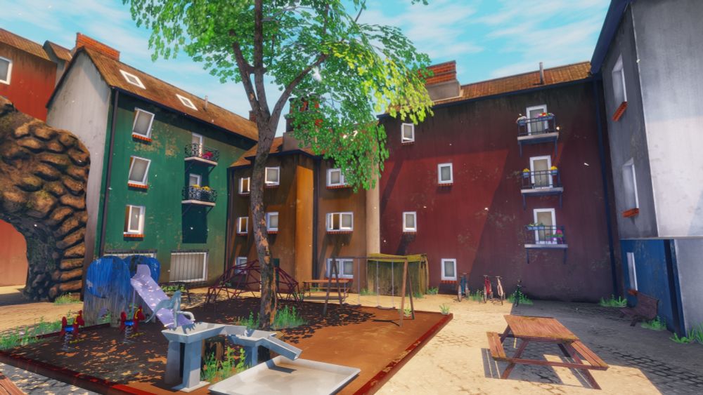 3D apartment courtyard scene with a sandpit and playground situated in the middle. Lowpoly and handpainted textures.