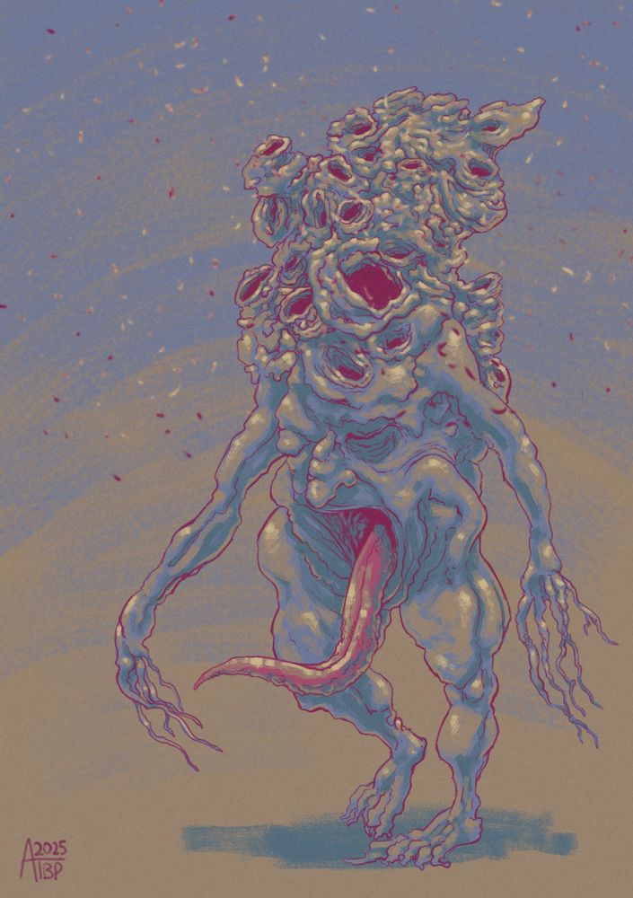 Line & flat colour drawing in amber & blue hues of a bulky, poorly-formed humanoid figure with a sleeping face on its belly, from whose mouth protrudes a very long tongue. The "head" section a haphazardly formed insect hive. A cloud of insects buzz around it.