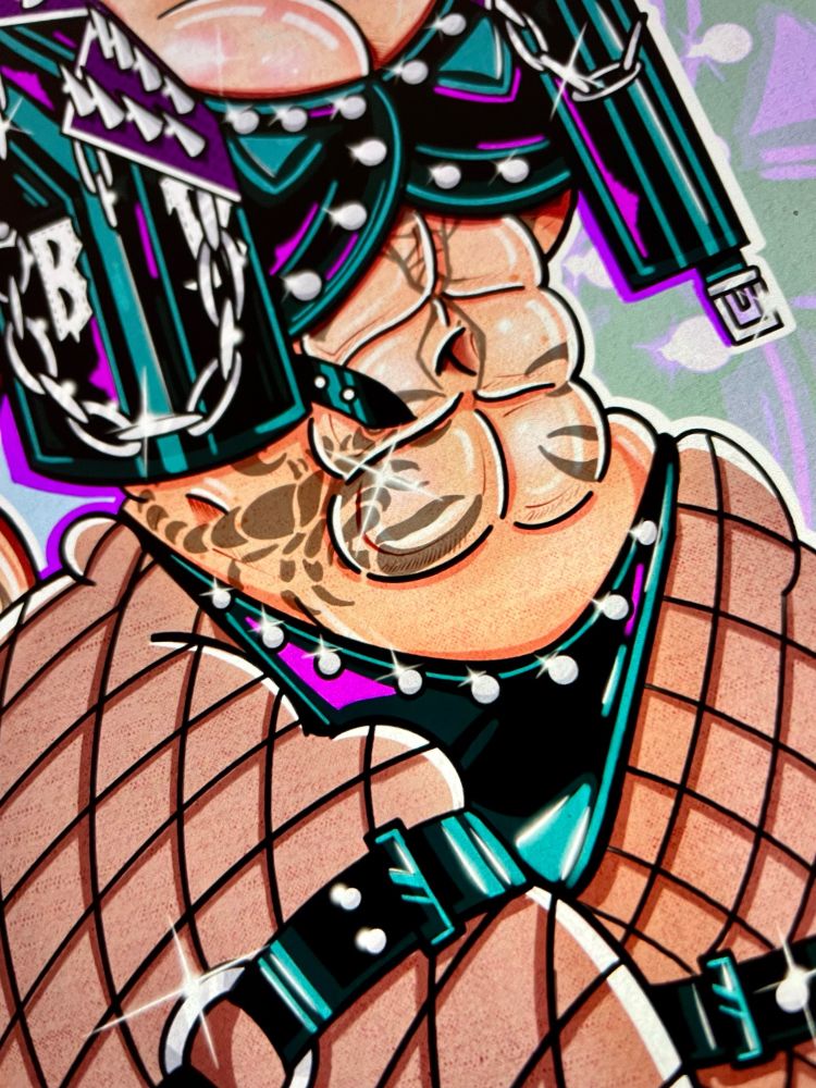 A cartoon style fan art of WWE superstar Rhea Ripley this image shows a close up of the abs and fishnet tights to show the details of the full artwork  