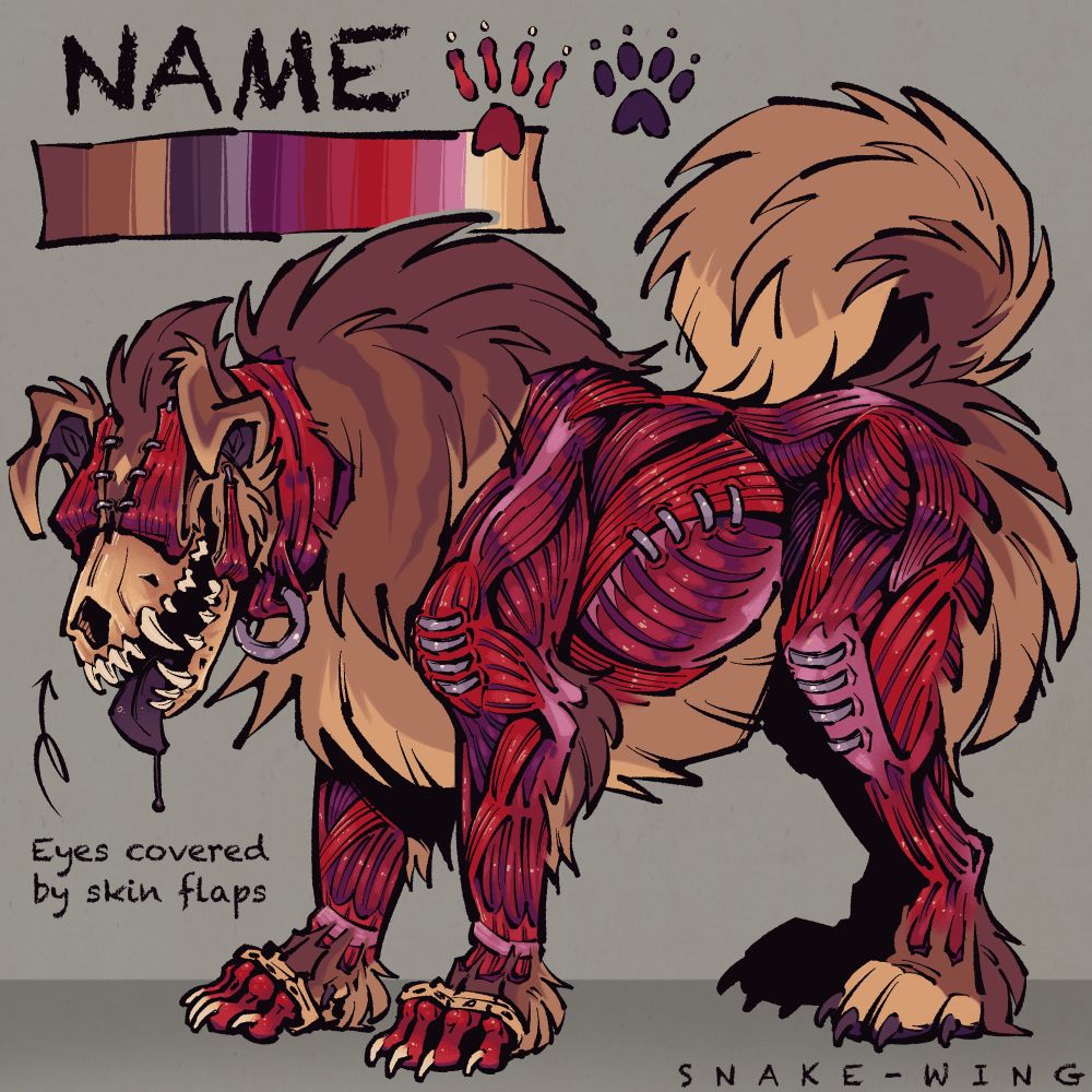 A reference sheet for a hellhound character. It has a very fluffy neck and tail but most of the rest of the body is skinned.  The skin of the face has been peeled back and folded over the eyes, showing the skull beneath.