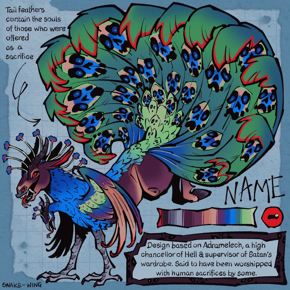 A reference for a demonic mule x peacock character. The character is a brown mule with the blue neck feathers and green-blue tail of a peacock, it has a peacock head and wings growing out it’s chest and peacock legs as it’s forelegs