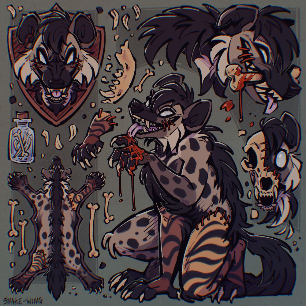 A sketchpage featuring an anthropomorphic hyena with some stitched on limbs in various poses - a crouched fullbody, licking blood off one hand; a headshot of him holding a bloody bone; a headshot of the OC as a taxidermy head mount, a headshot of the OC with half the face being a skull, and a top view of the character as a taxidermy style rug