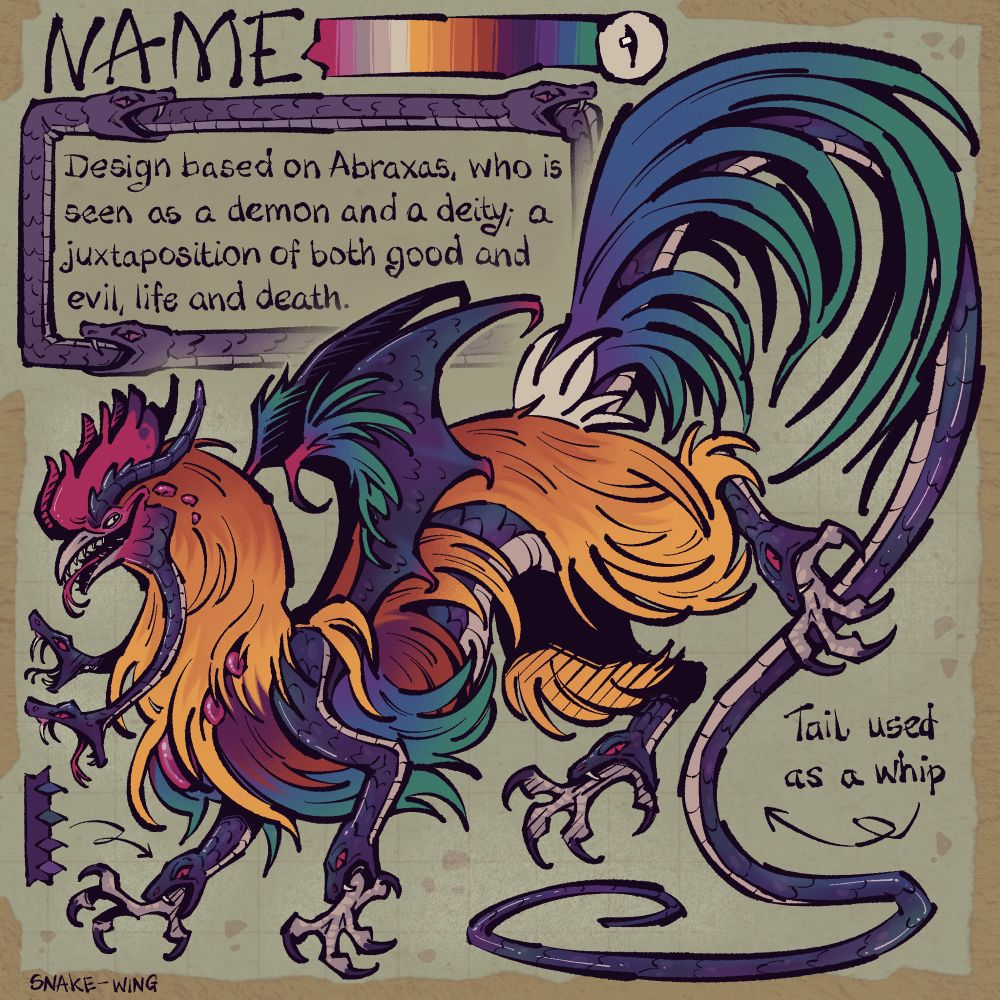 A stylised reference sheet for a four-legged rooster-like creature with snakes for legs and on its face 