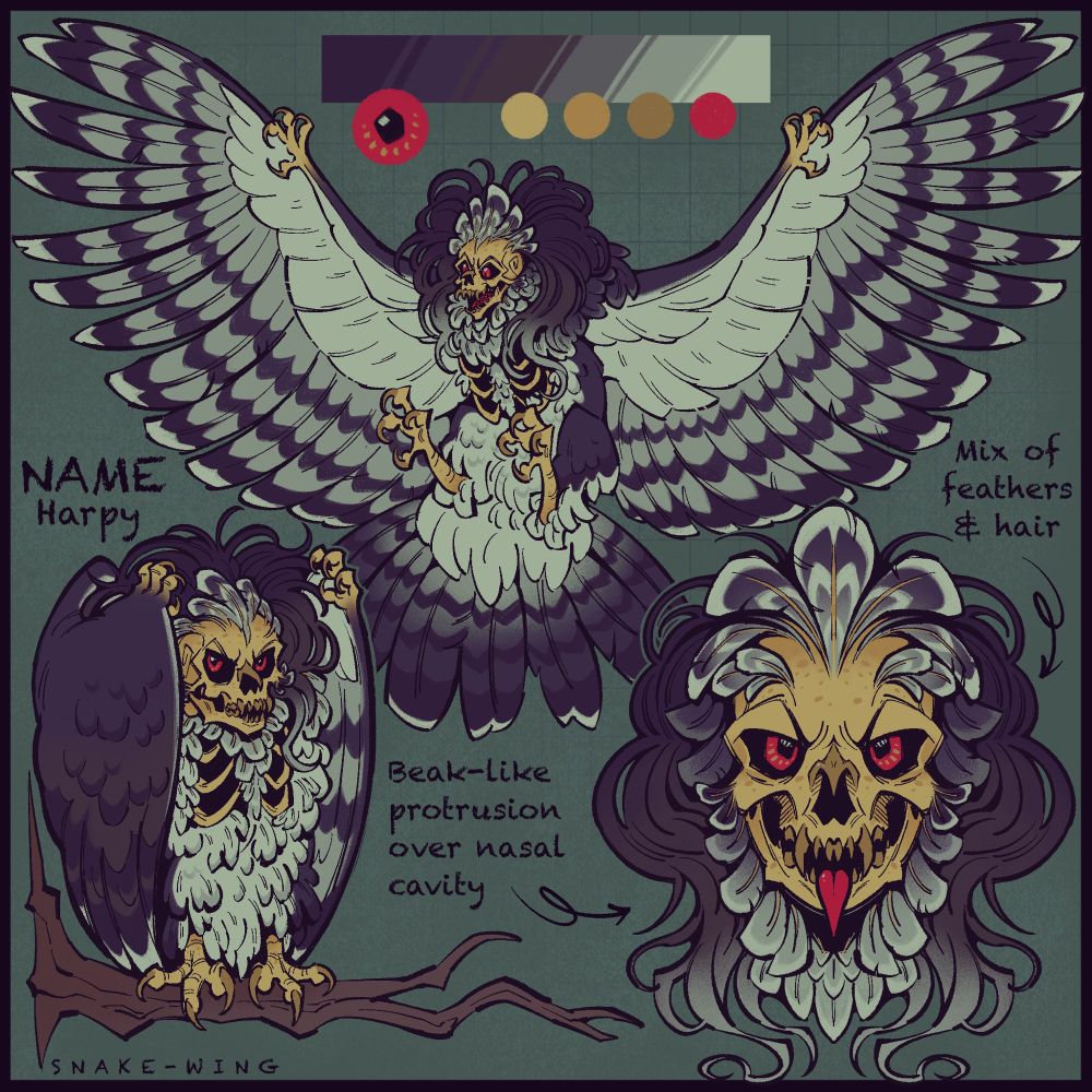 A stylised drawing of a harpy but with a skull face instead of the traditional face of a woman. 