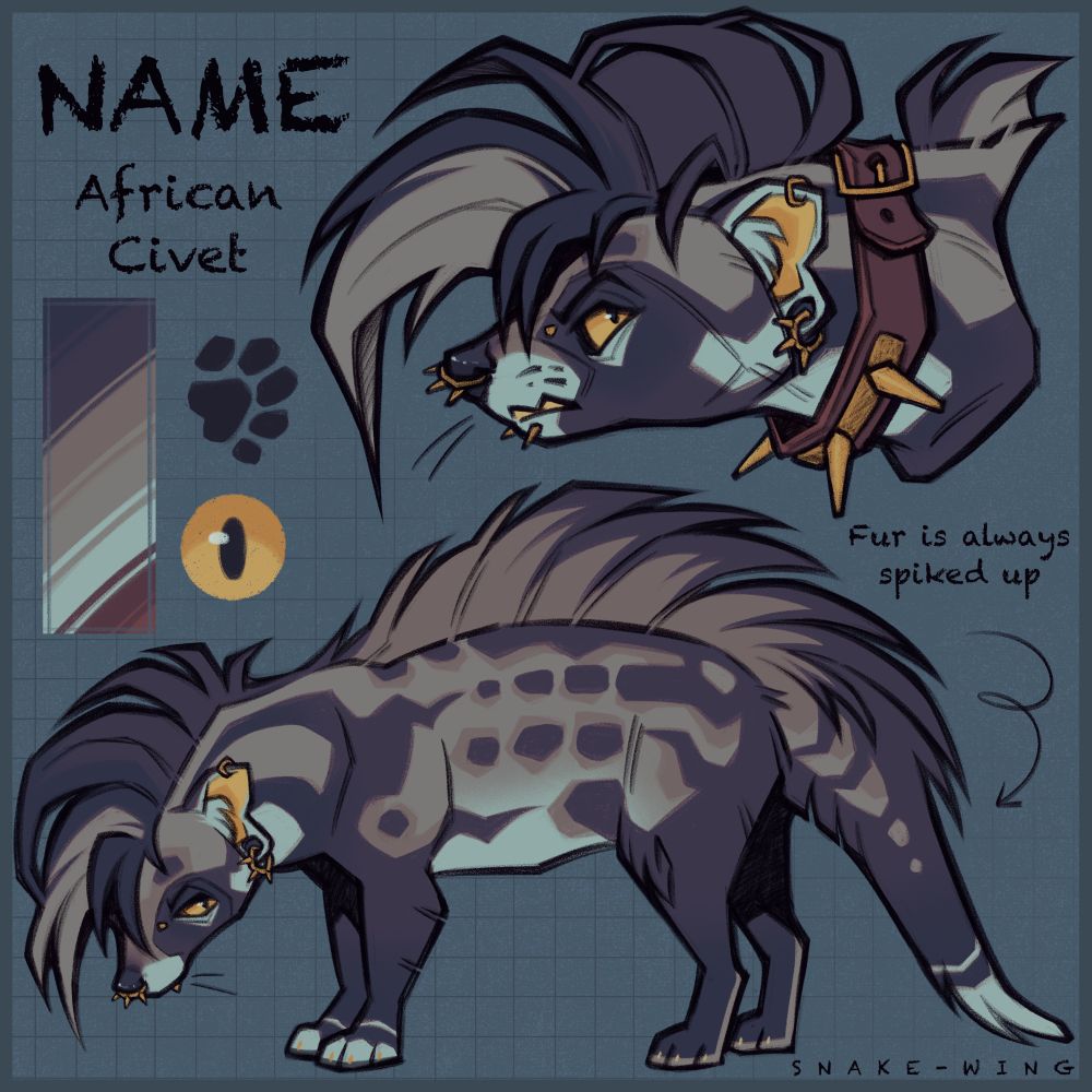 A stylised civet character design. The civet is greyish with black markings, it has long spikey hair and that extends down its back and studded gold piercings and collar 