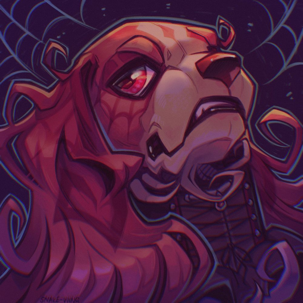 A stylised headshot of a cavalier King Charles spaniel character wearing a corset like collar and with spider web liking markings on their ears and face. The facial expression is a bit of a sneer, they don’t look as sweet as cavalier spaniels normally are.
