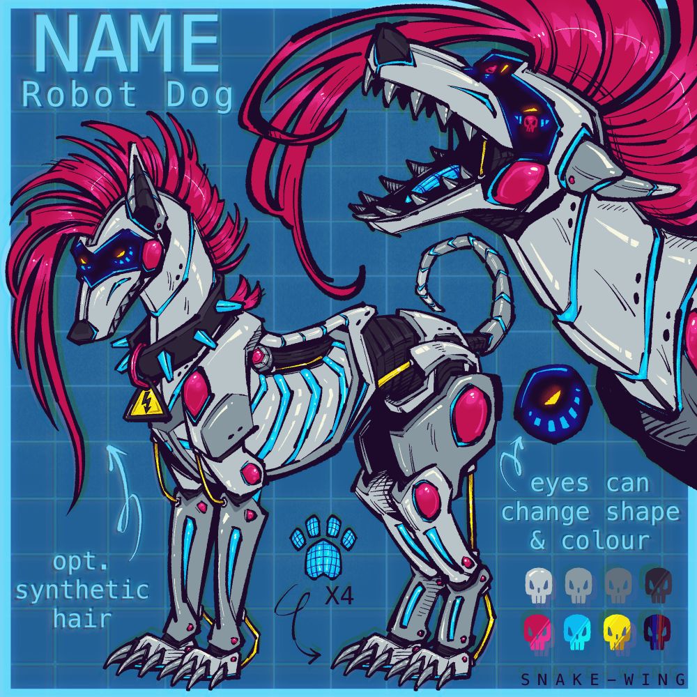 A reference sheet for a robotic dog character 