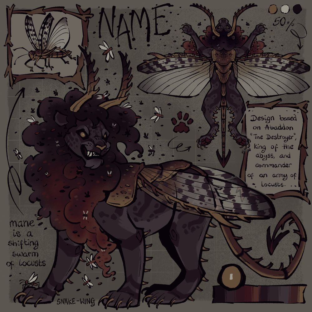 A stylised reference sheet of a dark grey lion with insect-like wings, horns and and a mane that is actually a swarm of locusts