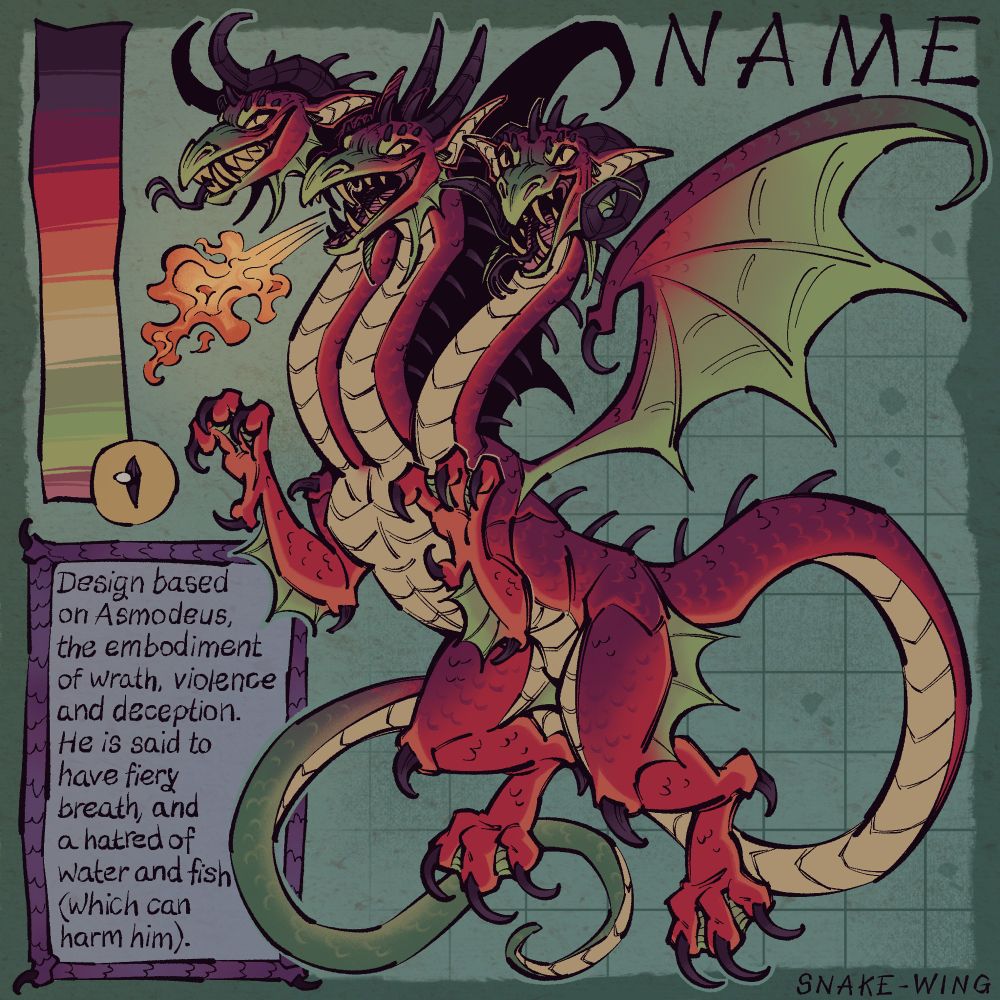 Reference sheet for a red and green three-headed dragon. Each head has slightly different shaped horns and the middle head is breathing fire