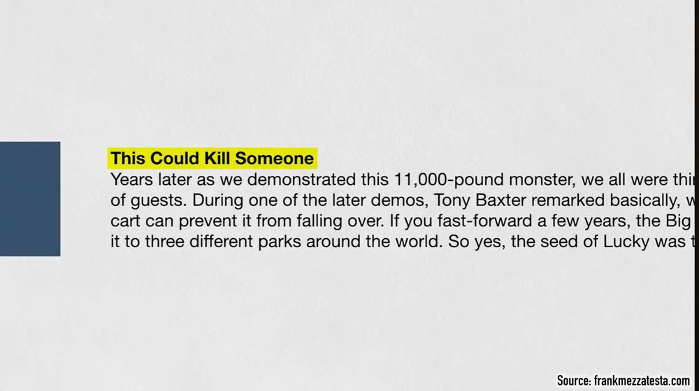 Screenshot from Defunctland's video Disney's Living Creatures of a quot3 from frankmezzatesta.com saying "This could kill someone" highlighted