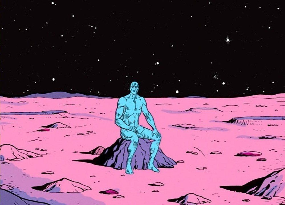 Image from Watchman comic of Dr. Manhattan sitting alone on a crater on a pink planet referencing the "I am tired of this world- these people. I am tired of being caught in the tangle of their lives."