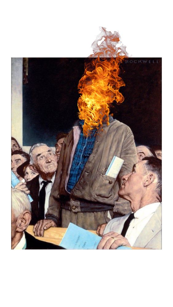 Norman Rockwell painting Freedom of Speech only the man’s head has been replaced by a ball of flaming rage 