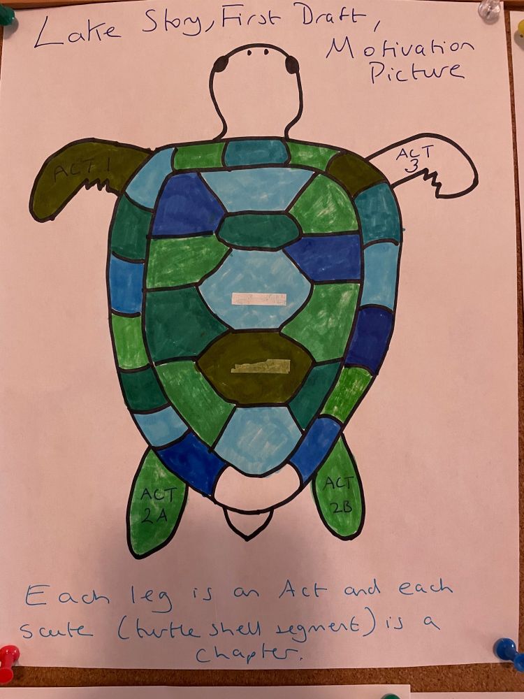 Hand-drawn black and white turtle, mostly colored in.