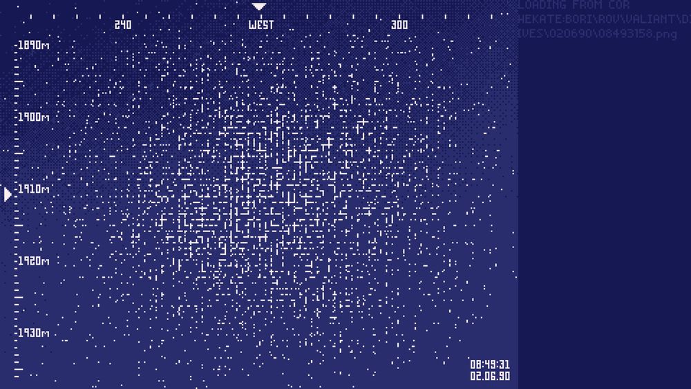 an image of a white static pattern on a blue screen, taken facing west at a depth of about 1910 meters below sea level on 02/06/90 at 8:49. sidebar: LOADING FROM COR HEKATE:BORI\ROV\VALIANT\DIVES\020690\08493158.png