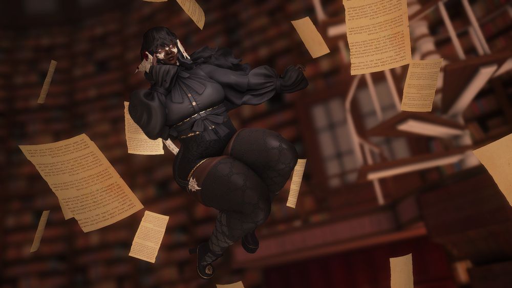 Afi hovers in a library, surrounded by falling pages of written paper. She has one hand raised to her head and the other outstretched. Her face has a faraway expression.