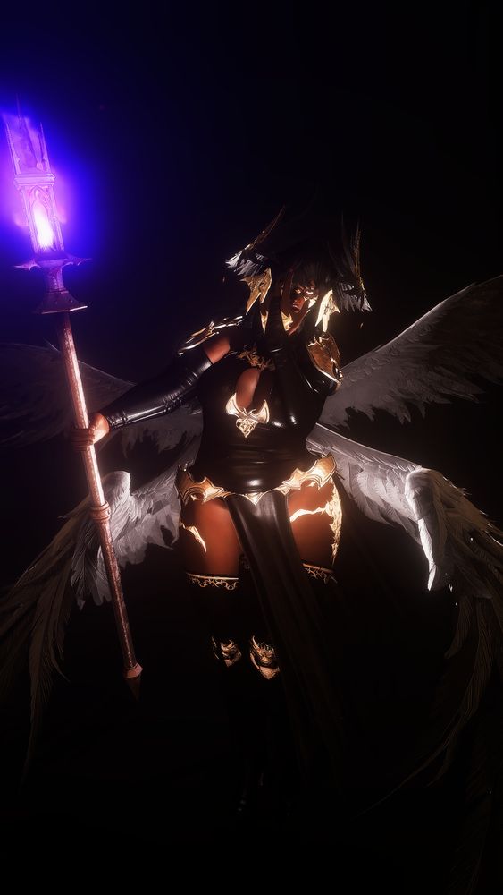 Afi dressed in a very loose interpretation of a voidsent floating in a black void, wreathed in shadows and dark feathered wings. She holds her hand in front of her head, hiding half of her face, while holding a staff glowing with purple flame.