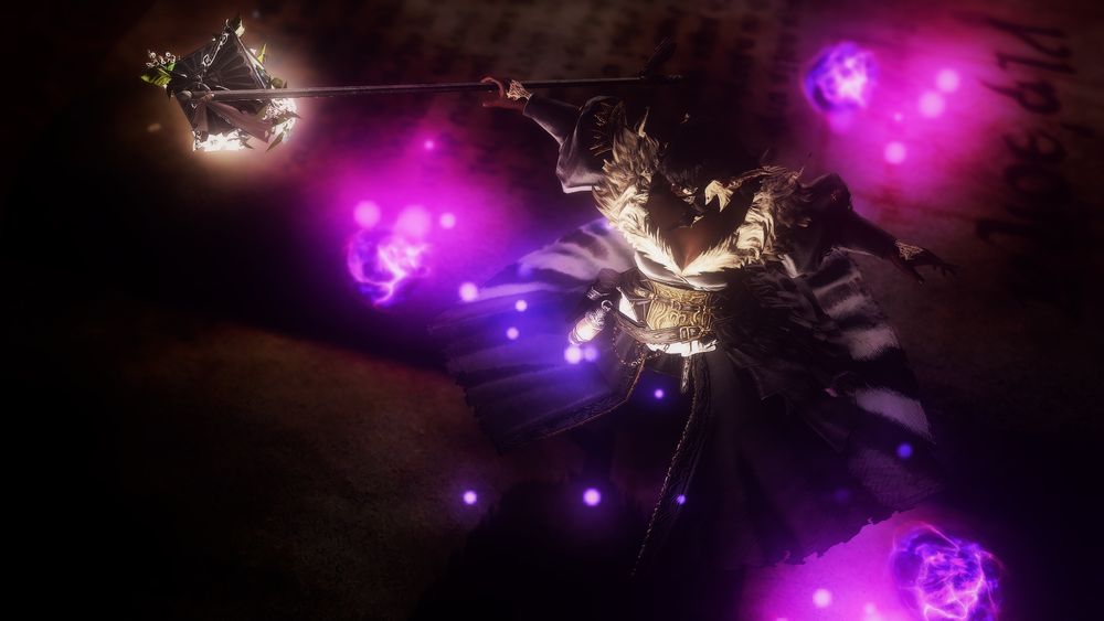 Afi in her sorceress garb, whirling around with her staff whilst casting a spell. Three orbs of purple aether spin around her.