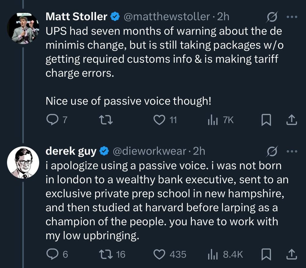 Derek Guy's response to Stoller:

"i apologize for using a passive voice. i was not born in london to a wealthy bank executive, sent to an exclusive private prep school in new hampshire, and then studied at harvard before larping as a champion of the people. you have to work with my low upbringing."