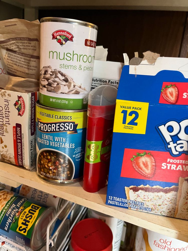 A picture of my pantry with pop tarts, soup, canned veg and my goddamn deodorant in it.