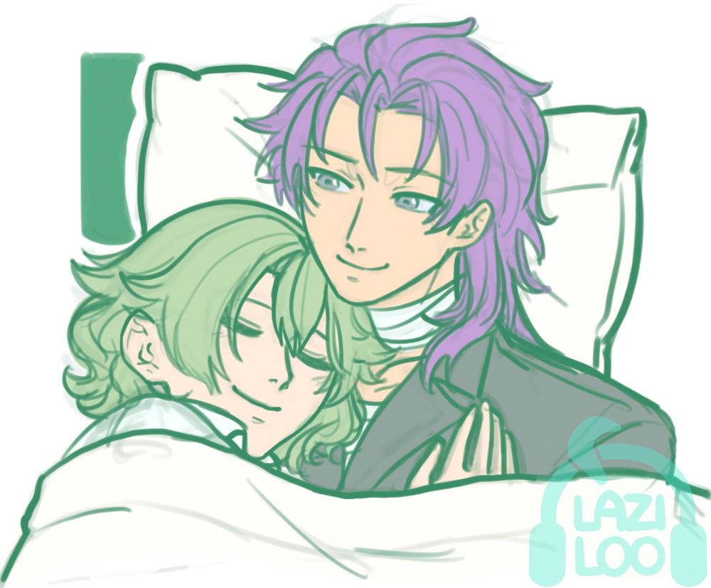 My OC, Hugh, smiling at Musse, who’s sleeping on top of him.