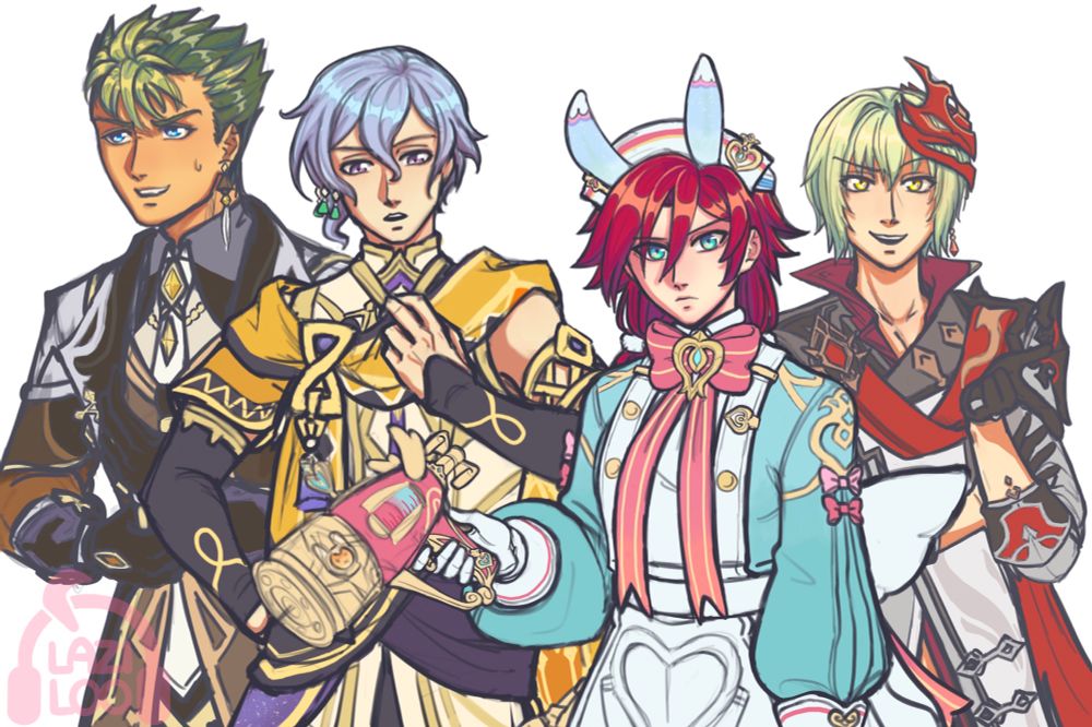 Compiled colored sketches of Kevin Graham, Rion Balthazar, Celis Ortesia, and Wazy Hemisphere wearing clothes of Genshin Impact characters who they share voice actors with.