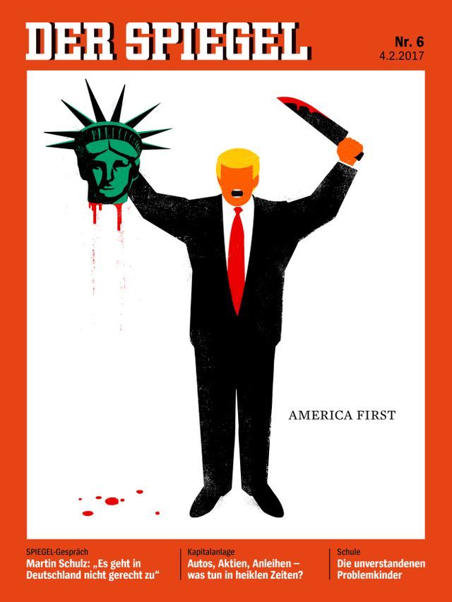 Cover DER SPIEGEL 6/2017, Trump with decapitated Statue of Liberty, Headline: America First