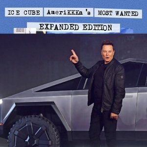 Elon Musk in front of a Tesla cybertruck pointing at the title of Ice Cube's Amerikkka's Most Wanted. 