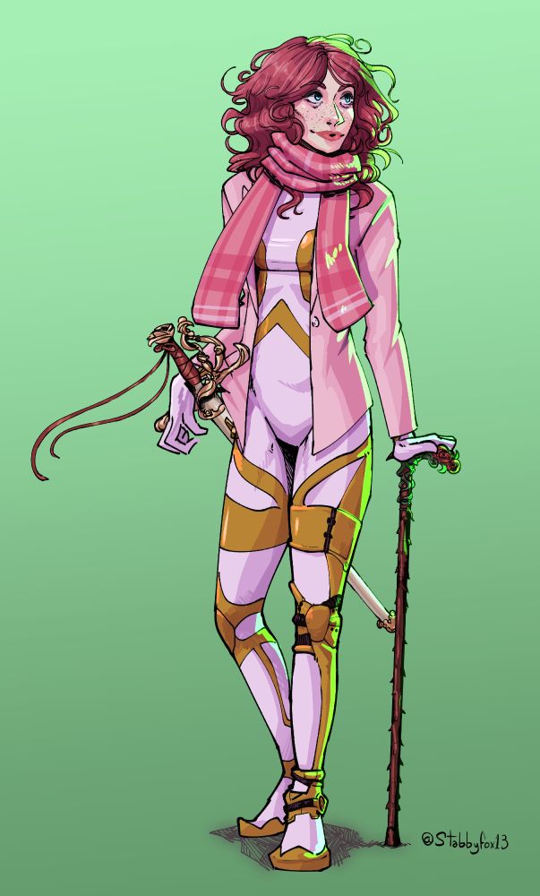 An older full-body artwork of Dulcinea, this time bundled up in a pink scarf and matching blazer over a white and gold pilot's bodysuit. Her hair is dyed a deep cerise, and she leans on an elegant cane with rose and thorn motifs. An even fancier rose-themed rapier with a crimson ribbon and gold decor hangs sheathed at her hip.