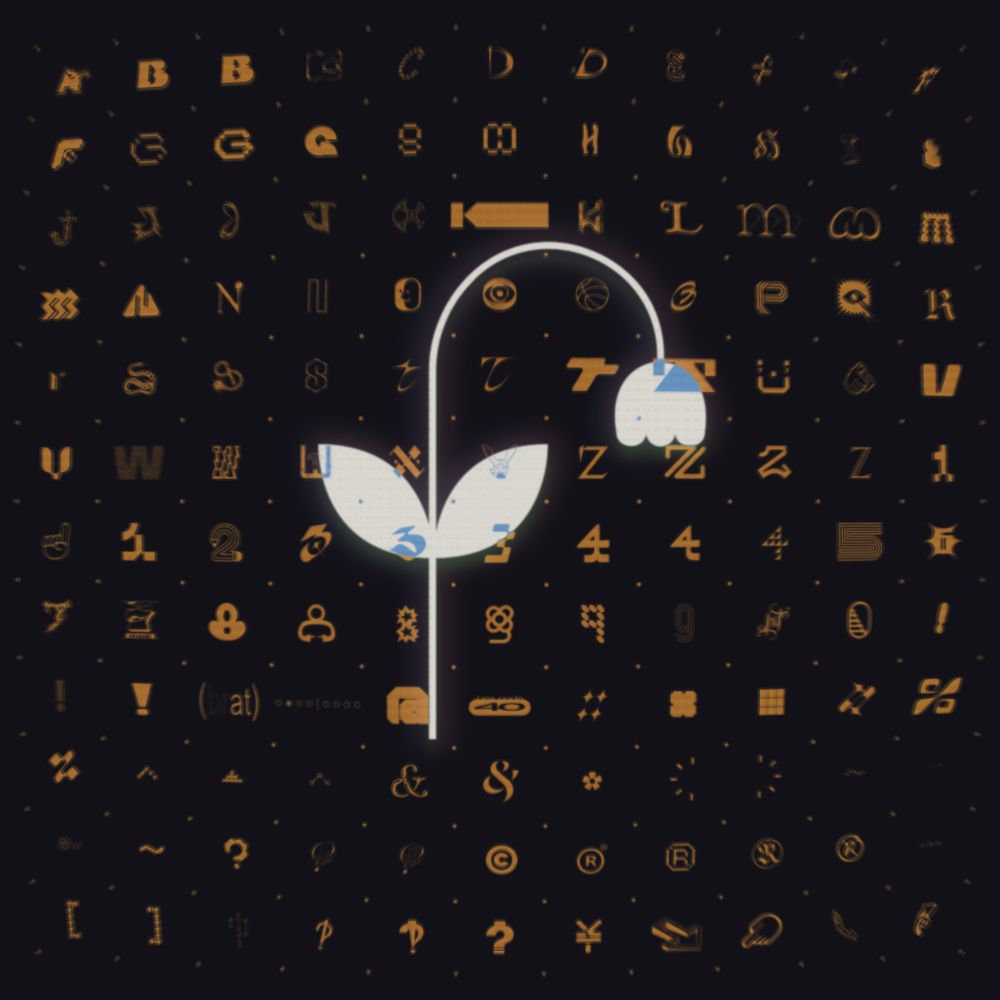 A lowercase letter F with a flower bulb as the upper terminus and leaves as the cross bar set on a grid of various glyphs