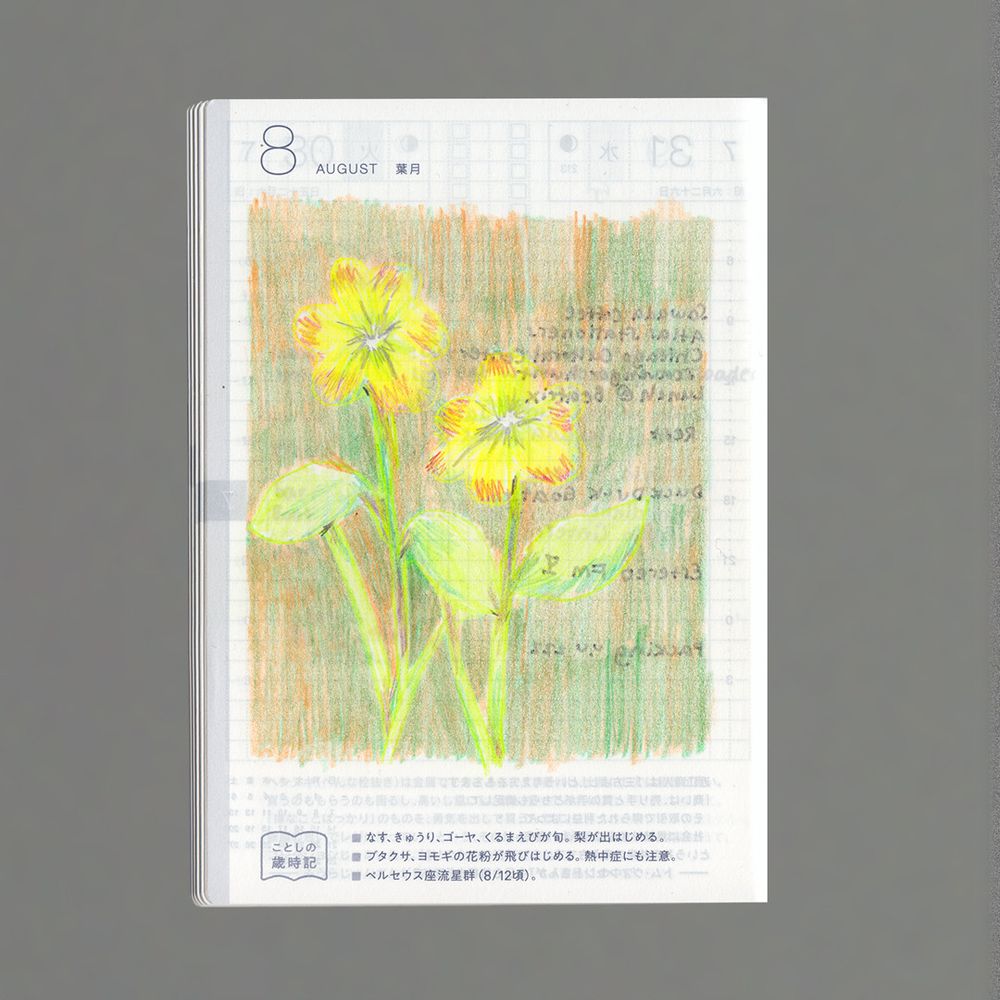 Colored pencil illustration of two yellow flowers, with undertones of green and orange