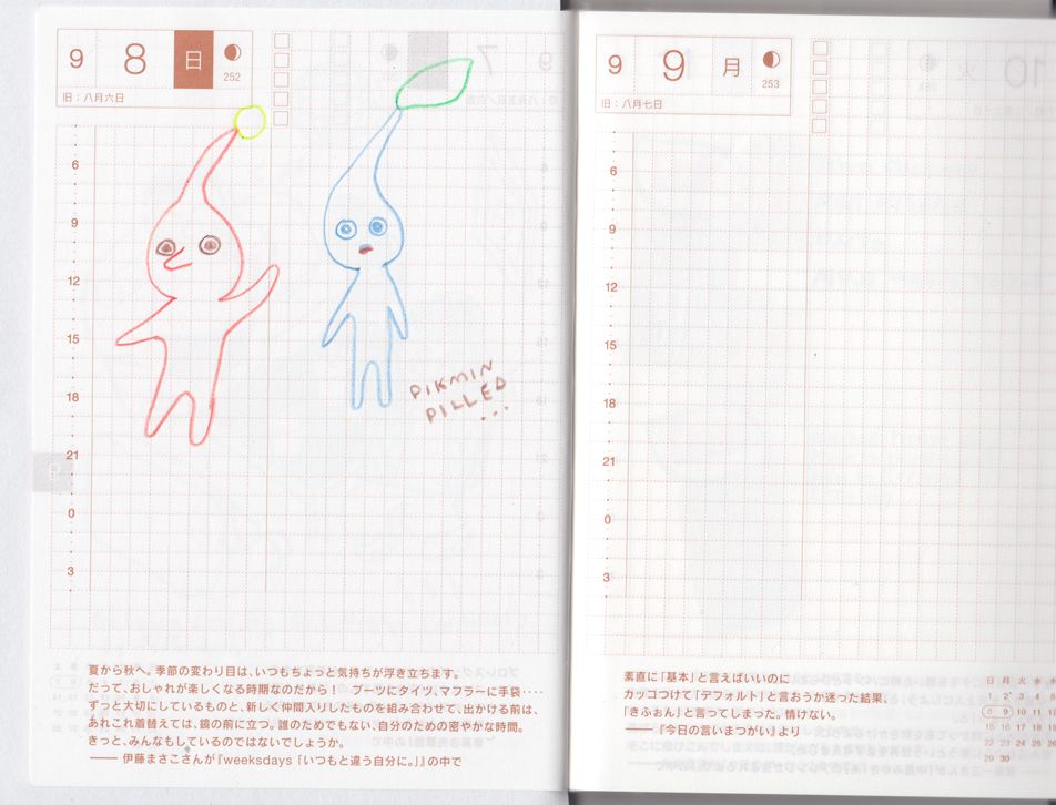 Colored pencil drawing of a red and blue Pikmin (little creatures that sprout leaves from their heads from the Nintendo Pikmin franchise)