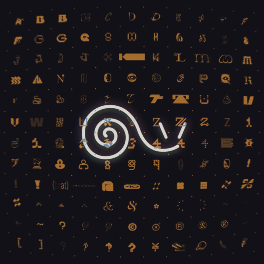 A tilde where the left-hand curve turns into a spiral and the right-hand curve turns into antennae, evoking a snail, set on a grid of various glyphs