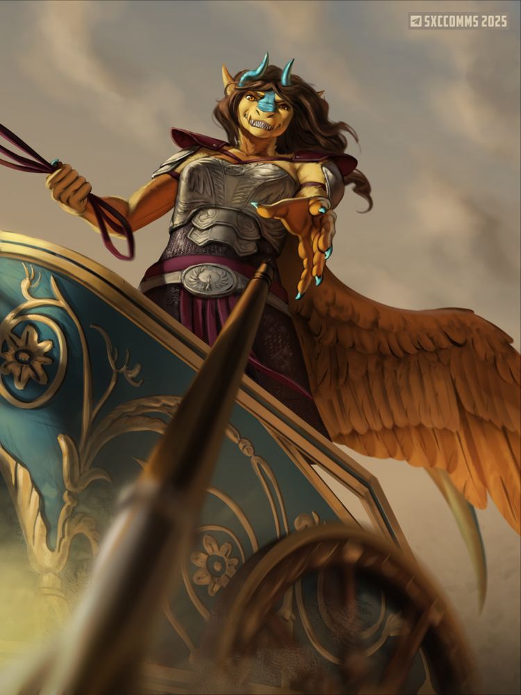 Dragon riding a charriot and throwing a spear into the viewer