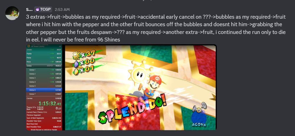 3 extras->fruit->bubbles as my required->fruit->accidental early cancel on ???->bubbles as my required->fruit where i hit him with the pepper and the other fruit bounces off the bubbles and doesnt hit him->grabbing the other pepper but the fruits despawn->??? as my required->another extra->fruit, i continued the run only to die in eel. I will never be free from 96 Shines