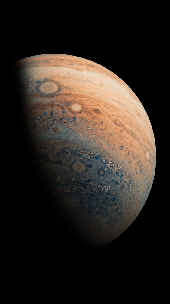 Southern view of the planet Jupiter, showing countless storm systems across multiple of its cloud bands and part of the south polar hood area.