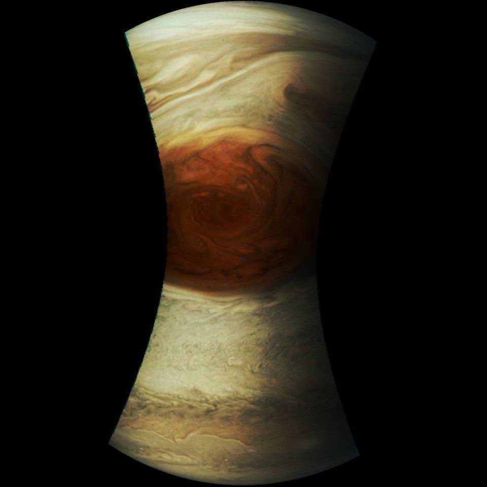 Picture of the Great Red Spot on Jupiter (a massive storm that could engulf Earth) and its surrounding areas.