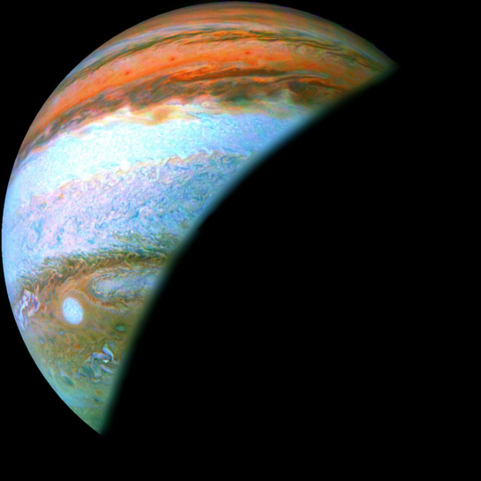 Image of Jupiter's mid-latitude cloudtops. Varying amounts of turbulence is seen present in different places of the planet's cloud bands.