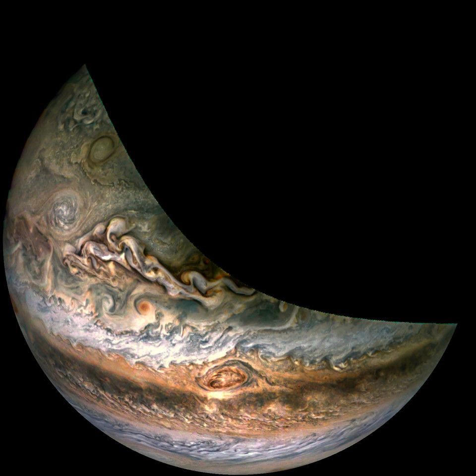 Image of Jupiter's temperate latitude cloudtops. Varying amounts of turbulence is seen present in different places of the planet's cloud bands.