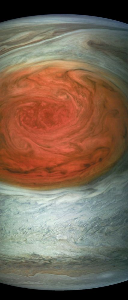 Picture of the Great Red Spot, a massive anticyclonic storm on Jupiter, and its surrounding areas. This is the largest, longest-lasting known single storm in the Solar System.
