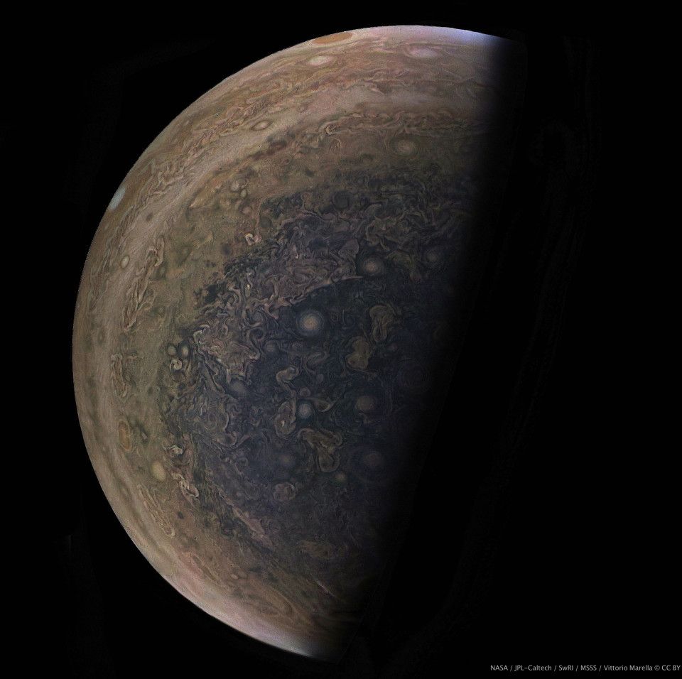 Photo of Jupiter's southernmost latitudes, displaying the region around the planet's south pole.