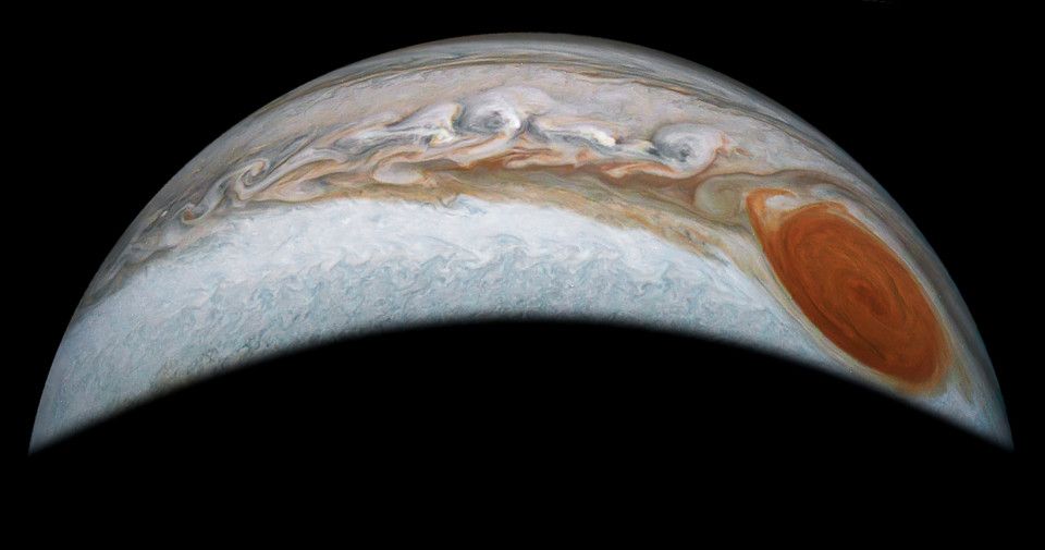 Photo of the area surrounding Jupiter's largest storm, the Great Red Spot.