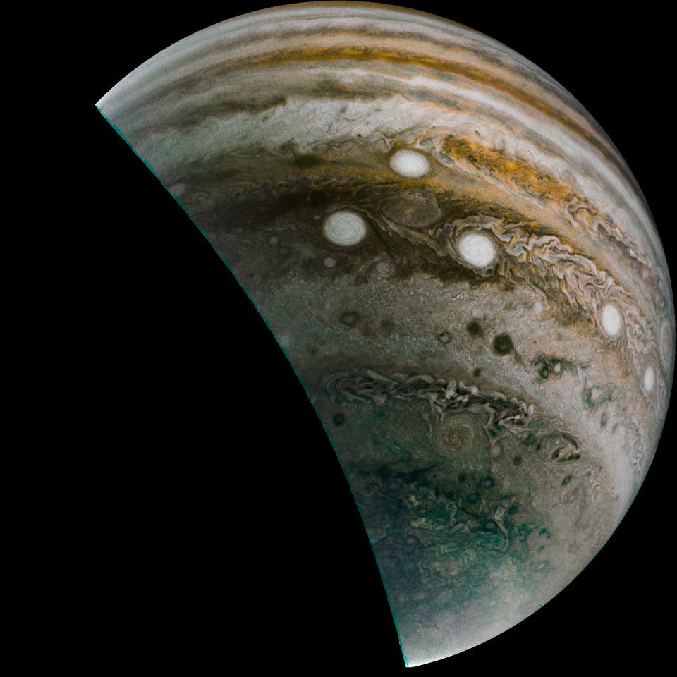 Wide-angle view of Jupiter's southernmost latitudes, featuring the colour contrast between different parts of the planet's cloudtops and various cyclonic/anticyclonic storms.