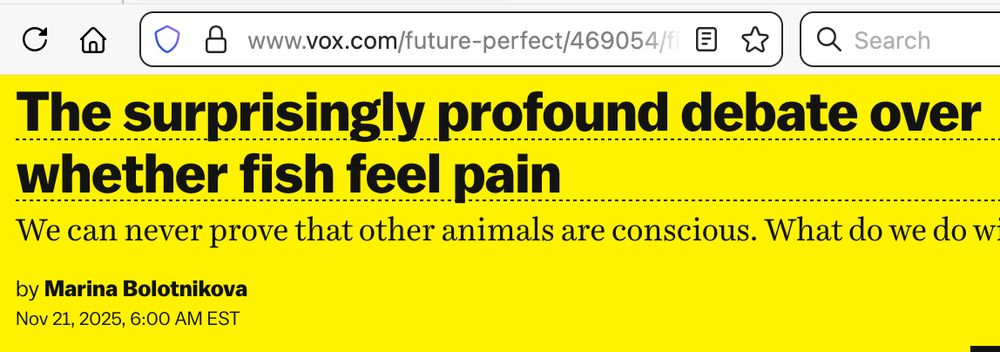 Headline of Vox.com article, "The surprisingly profound debate over whether fish feel pain". Subtitle, "We can never prove that other animals are conscious"