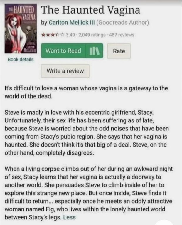 Synopsis of "The Haunted Vagina"  by Carlton Mellick III: "When a living corpse climbs out of her during an awkward night of sex, Stacy learns that her vagina is actually a doorway to another world. She persuades Steve to climb inside of her to explore this strange new place. But once inside, Steve finds it difficult to return..."