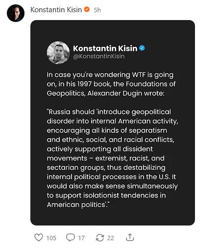 In case you're wondering WTF is going on, in his 1997 book, the Foundations of Geopolitics, Alexander Dugin wrote: 
"Russia should Introduce geopolitical disorder into internal American activity, encouraging all kinds of separatism and ethnic, social, and racial conflicts, actively supporting all dissident movements - extremist, racist, and sectarian groups, thus destabilizing internal political processes in the U.S. It would also make sense simultaneously to support isolationist tendencies in American politics'? 