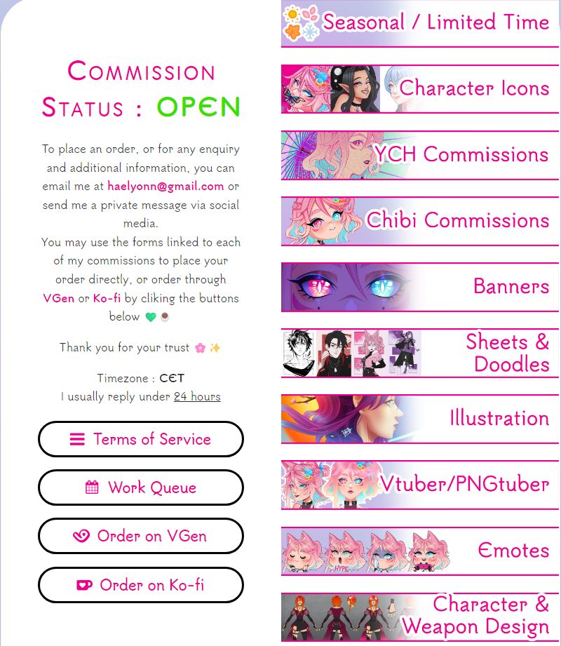 A screenshot of my commission menu and info from my website.