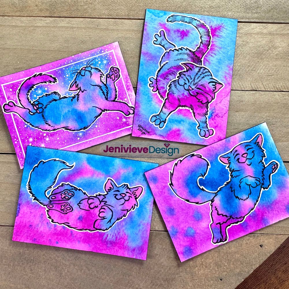 Illustration A cats floating in space in watercolor, brush pen, and gel pens by Jenivieve Design.